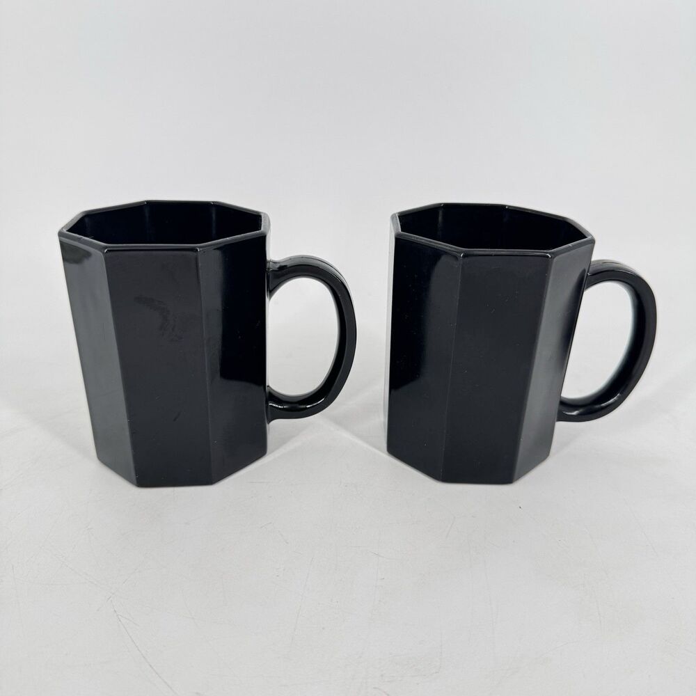 Set of 2 Arcoroc France OCTIME Black Glass Octagon Coffee Mugs Cups